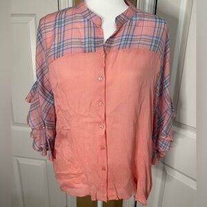Umgee pink plaid flowy lightweight tunic blouse size medium